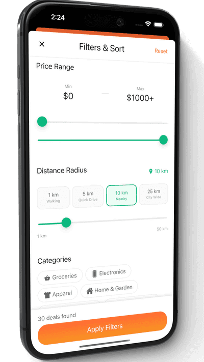 FindMyDeals filter and search screen showing store categories and distance settings