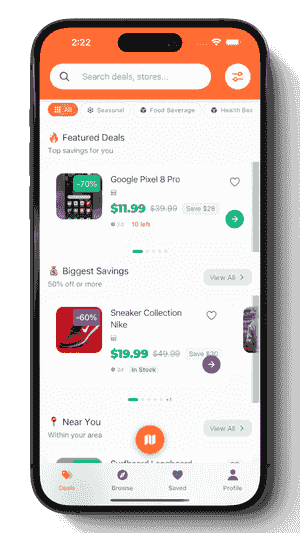 FindMyDeals home screen displaying featured deals and savings tracker