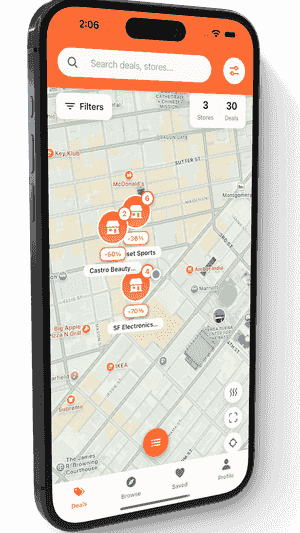 FindMyDeals map view showing nearby grocery and electronics deals