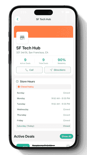 FindMyDeals store profile showing available offers and business hours